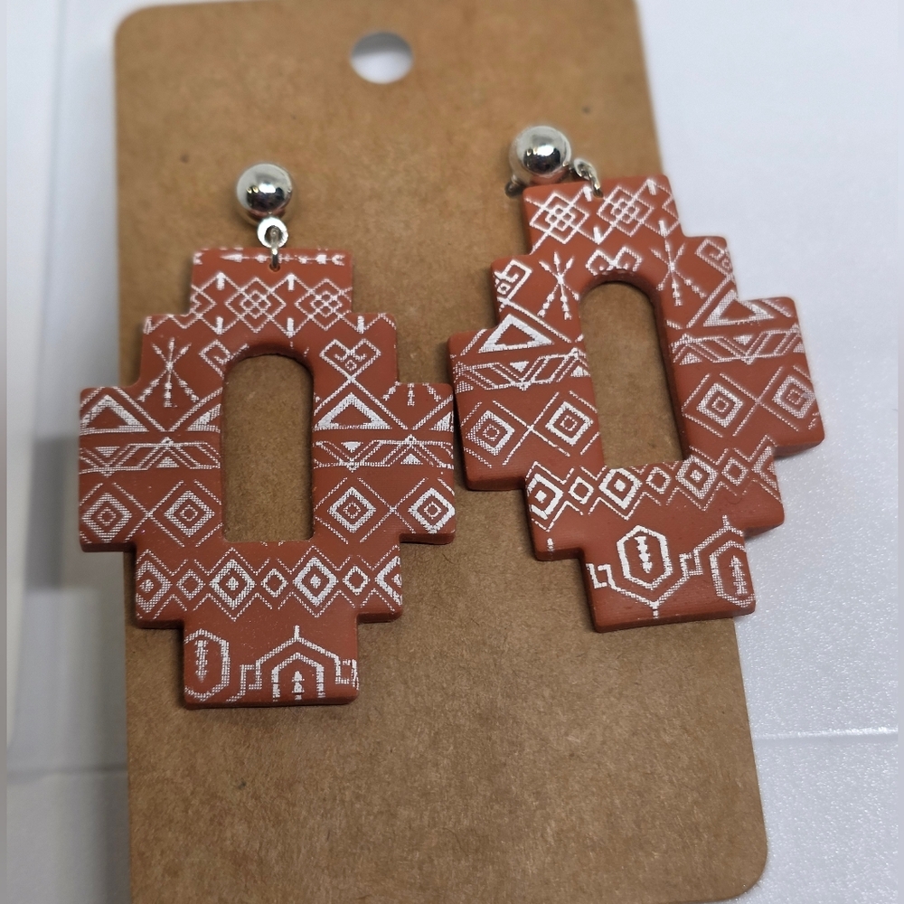 Handmade Geometric Patterned Clay Earrings with Silver Accents - Picture 1 of 2